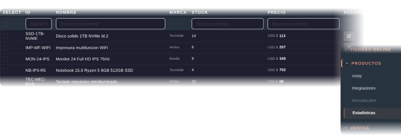 Dos pantallas del panel de corpy superpuestas: el listado de productos con código, nombre, marca, stock y precio, desplazándose, y el menú con las secciones del sistema