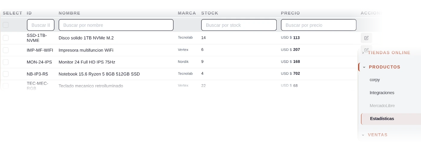 Dos pantallas del panel de corpy superpuestas: el listado de productos con código, nombre, marca, stock y precio, desplazándose, y el menú con las secciones del sistema