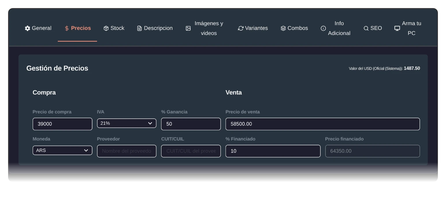 Ficha de un producto en el panel de corpy recorriendo sus pestañas: Precios, con el precio de compra, el IVA, el porcentaje de ganancia y el precio de venta que resulta de ellos, más la moneda y la financiación; Stock por depósito con mínimos y máximos; y General con código, nombres y rubro