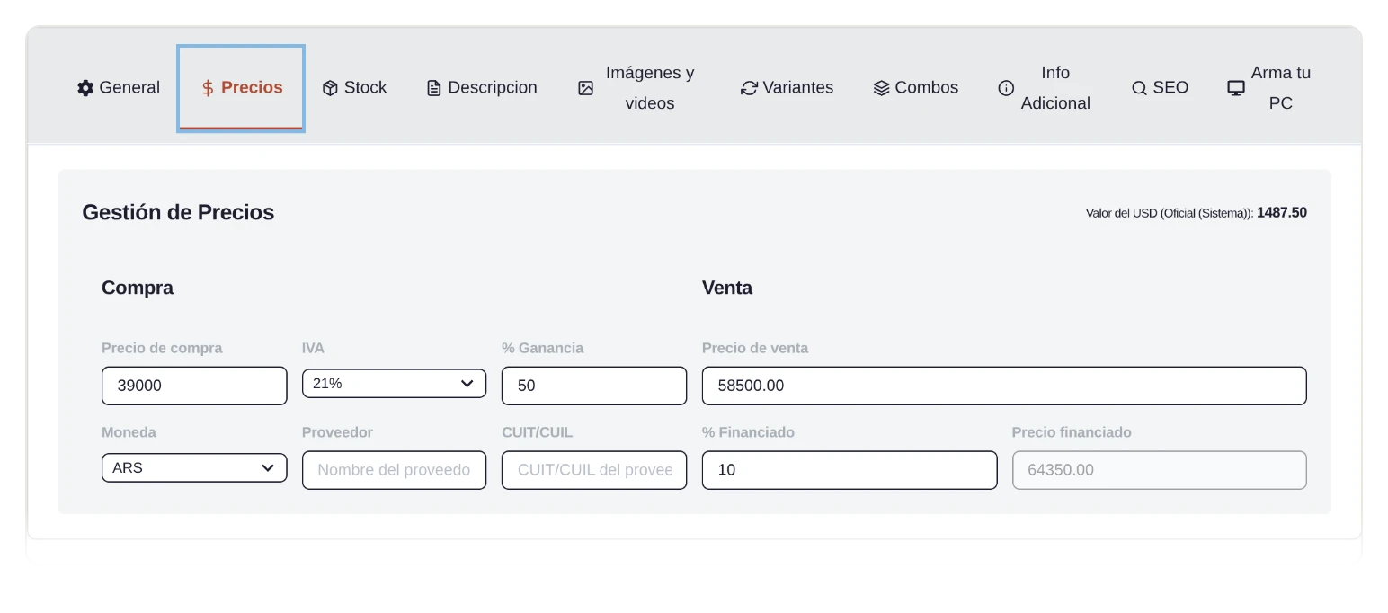 Ficha de un producto en el panel de corpy recorriendo sus pestañas: Precios, con el precio de compra, el IVA, el porcentaje de ganancia y el precio de venta que resulta de ellos, más la moneda y la financiación; Stock por depósito con mínimos y máximos; y General con código, nombres y rubro