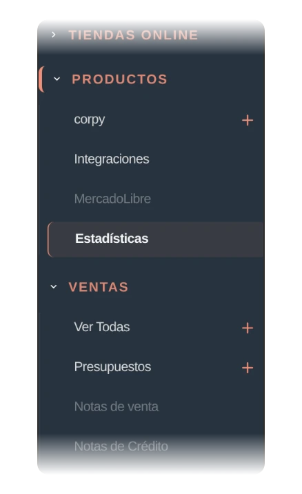 Menú del panel de corpy recorriendo sus secciones: Tiendas Online, Productos, Ventas, Facturación, Logística, Compras, Usuarios, Comunicación, Atención, Centro de módulos, Tareas y Agentes