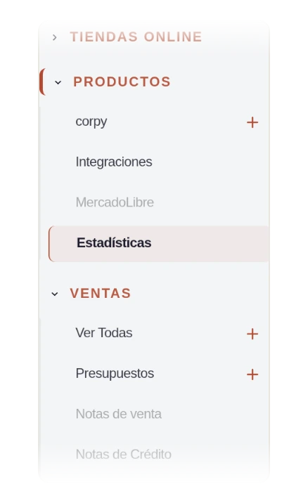 Menú del panel de corpy recorriendo sus secciones: Tiendas Online, Productos, Ventas, Facturación, Logística, Compras, Usuarios, Comunicación, Atención, Centro de módulos, Tareas y Agentes